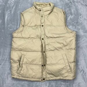 Lands End Puffer Vest Men's Large Tan Khaki Quilted Full Snap Collar